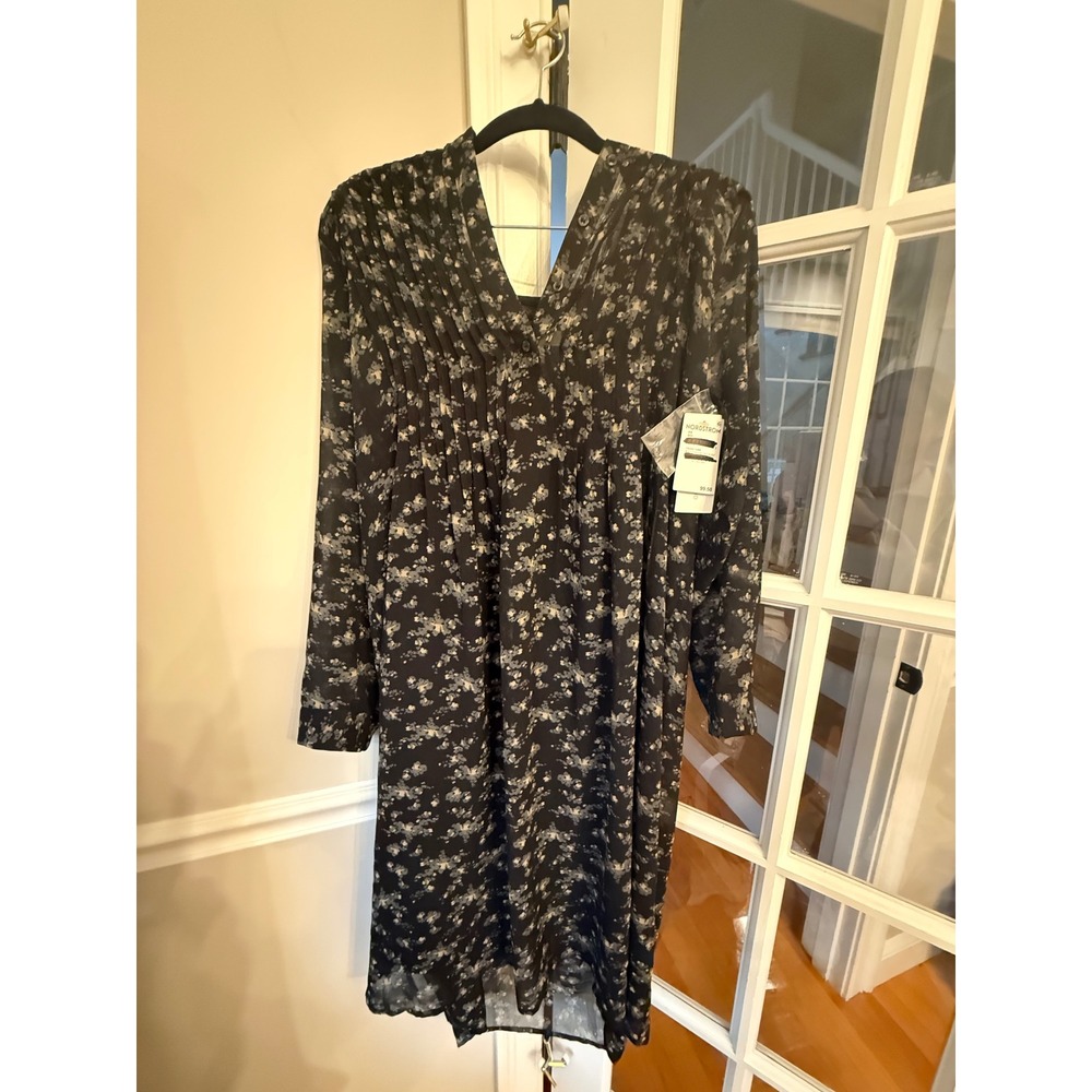 Treasure & Bond Nordstrom Floral V-Neck Pleated Midi Dress Black Olive XS NEW